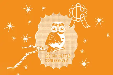 Une illustration sur fond orange d'une chouette sur une branche, avec le logo des Champs Libres et l'inscription "les chouettes conférences".