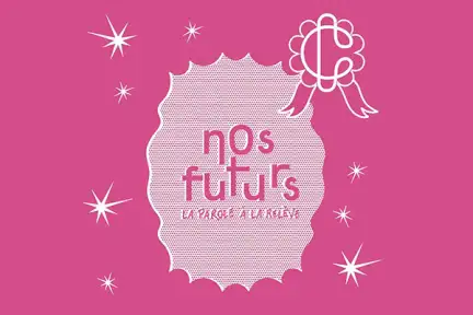 Une illustration sur fond rose, sur fond rose est écrit "Nos futurs, la parole à la relève".