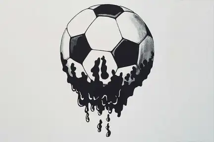 Une illustration d'un ballon de football dessiné, duquel coule du pétrole.