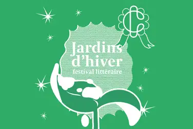 Sur un fond vert, des étoiles, un logo des Champs Libres avec des rubans, une pousse avec de la neige dessus, et écrit &quot;Jardins d'hiver, festival littéraire&quot;