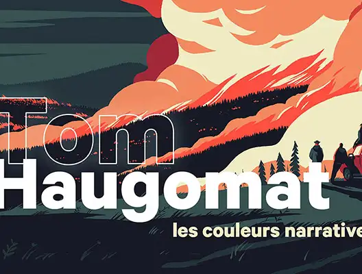 Une illustration de Tom Haugomat, tout en aplat de couleurs, représentant un paysage qui s'enflamme.