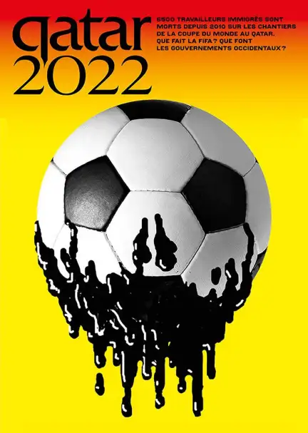 Une illustration d'un ballon de football dessiné, duquel coule du pétrole avec le texte "Qatar 2022"