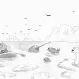 Une illustration réalisée par Hugo Letellier qui représente l'arctique. Un ours polaire se tient sur un glacier,  un narval et deux morses sont dans l'eau alors qu'une personne rame sur son bateau.