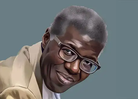 Portrait de Souleymane Bachir Diagne en peinture digitale, sur un fond vert sauge..