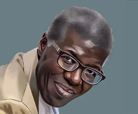 Portrait de Souleymane Bachir Diagne en peinture digitale, sur un fond vert sauge..